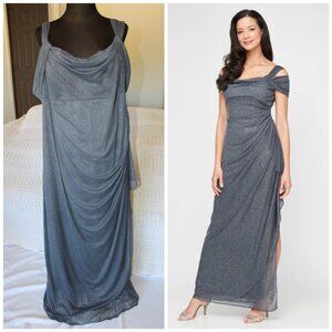 Alex Evenings Cold-Shoulder Draped Metallic Gown 22W Maxi Dress Glitter Mesh Zip